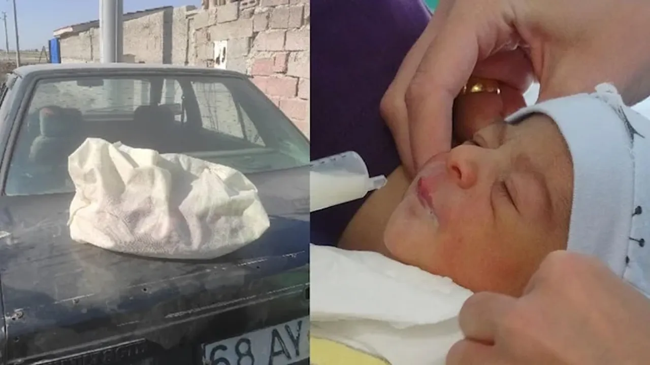 Poşet içinde arabanın üzerine bırakılan bebek koruma altına alındı