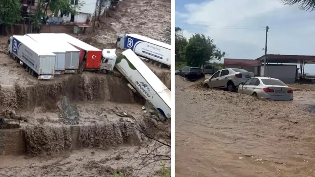 Sağanak yağış hayatı felç etti: Yollar göle döndü, TIR'lar sürüklendi