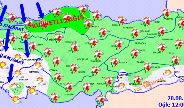 Meteorolojiden yarın için kuvvetli yağış uyarısı! 28 Ağustos Cuma Meteoroloji Haritalı Hava Tahmini